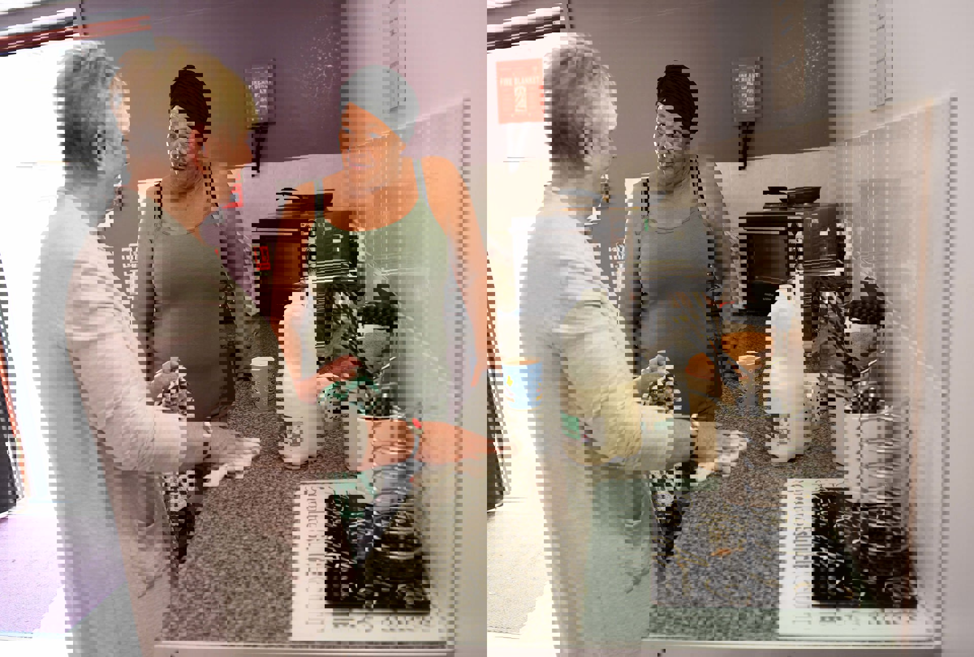 two women talking in a kitchen making a cup of tea