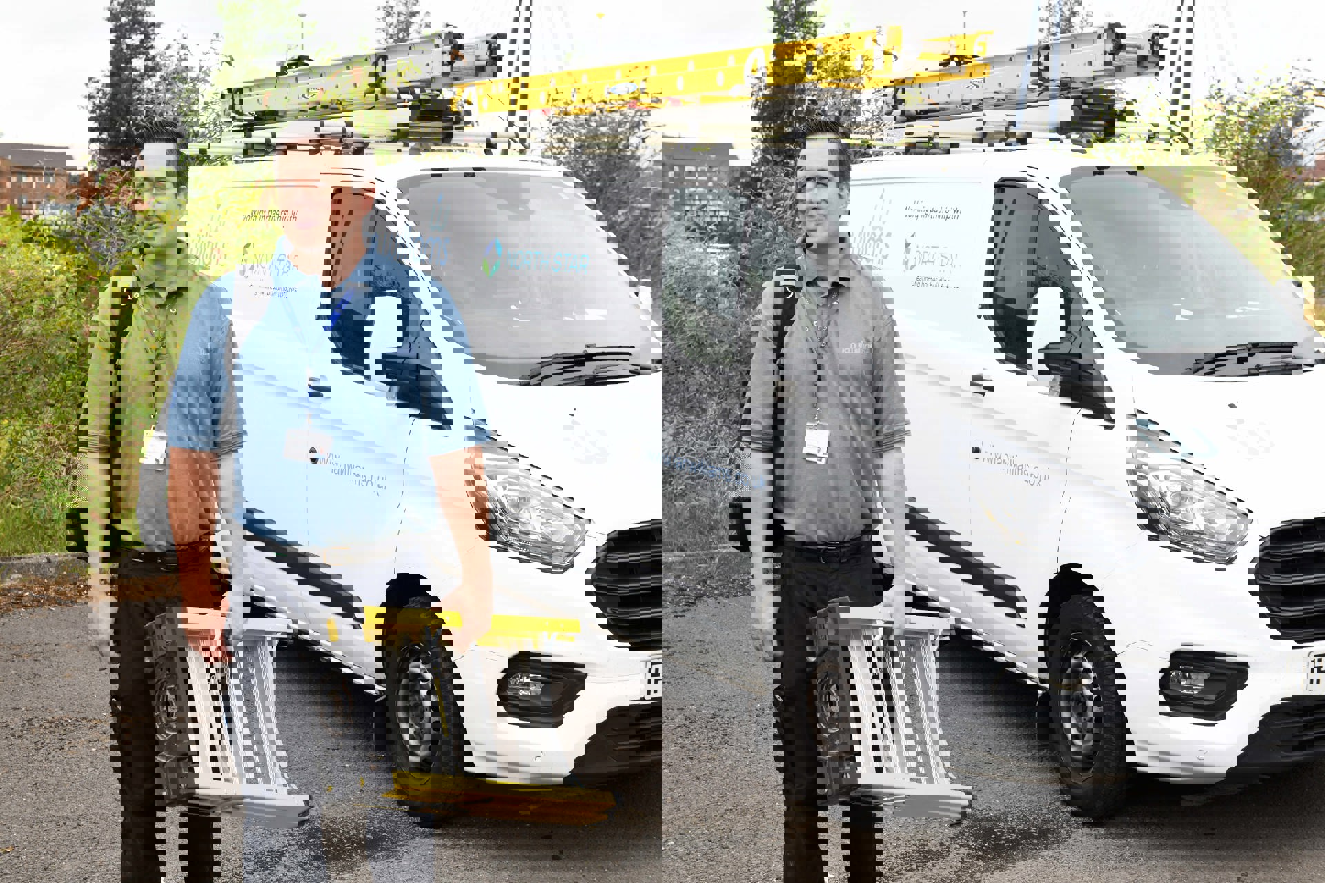 A maintenance worker from Ian Williams, carrying a ladder and a tool bag, stands beside a branded service van. The van features logos for Ian Williams and North Star Housing Group, highlighting their partnership.