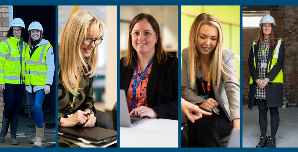 Collage of female staff at North Star. Some are working in an office, and others are on building sites in high vis jackets and hard hats.